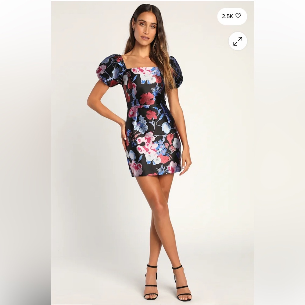 Black Multi Floral Jacquard Puff Sleeve Mini Dress